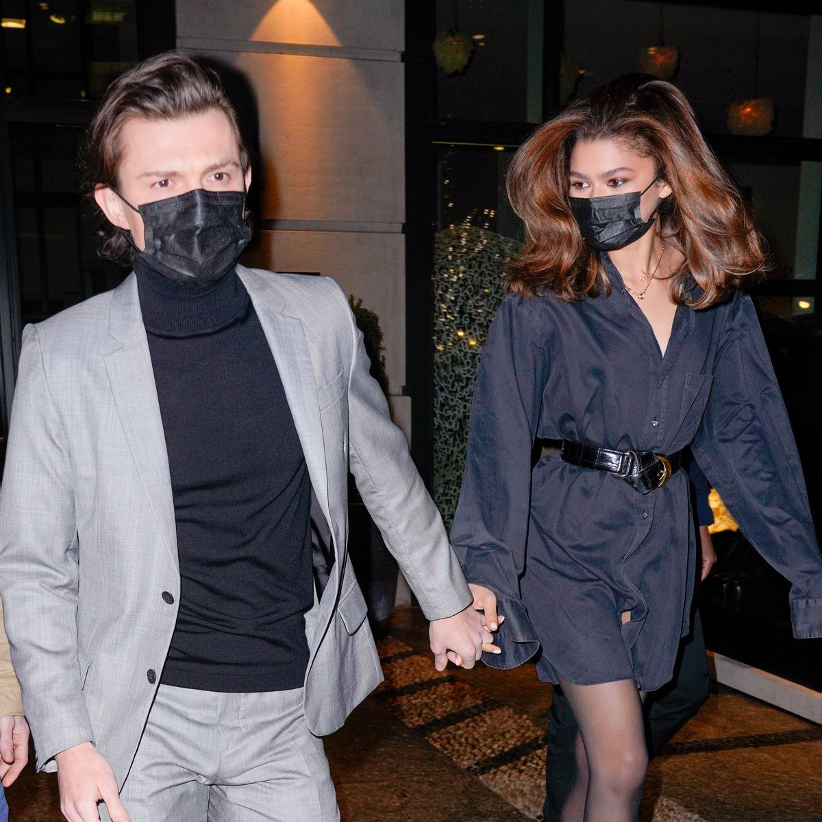 new york, new york   february 16 tom holland and zendaya are seen departing their hotel on february 16, 2022 in new york city photo by gothamgc images