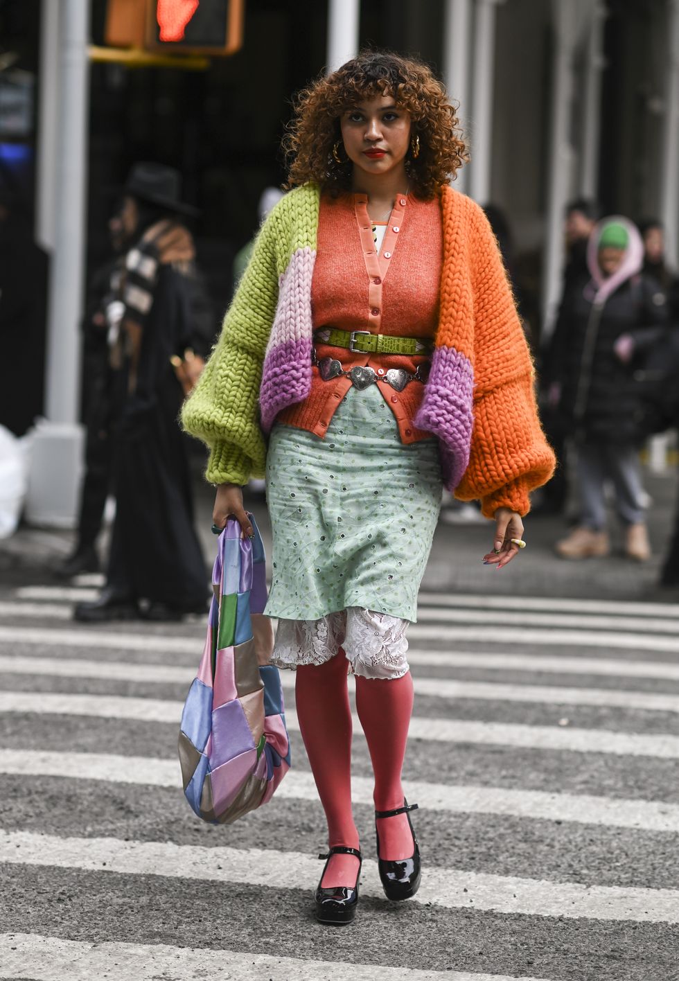 new york, new york   february 16 a guest is seen wearing a collina strada outfit outside the collina strada show during new york fashion week aw 2022 on february 16, 2022 in new york city photo by daniel zuchnikgetty images