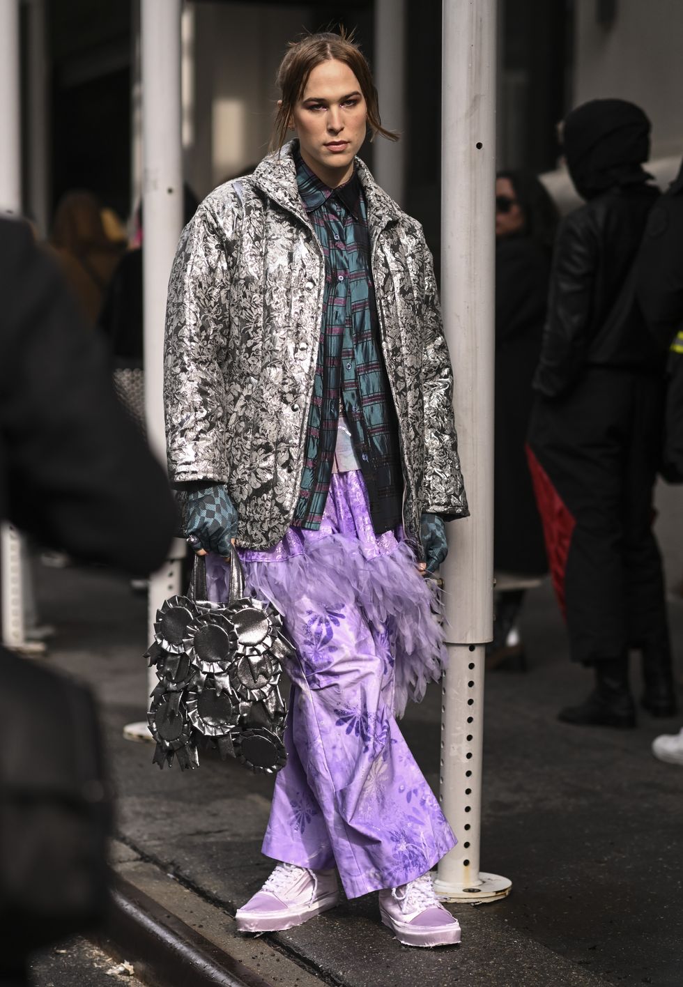 new york, new york   february 16 tommy dorfman is seen wearing a collina strada outfit outside the collina strada show during new york fashion week aw 2022 on february 16, 2022 in new york city photo by daniel zuchnikgetty images