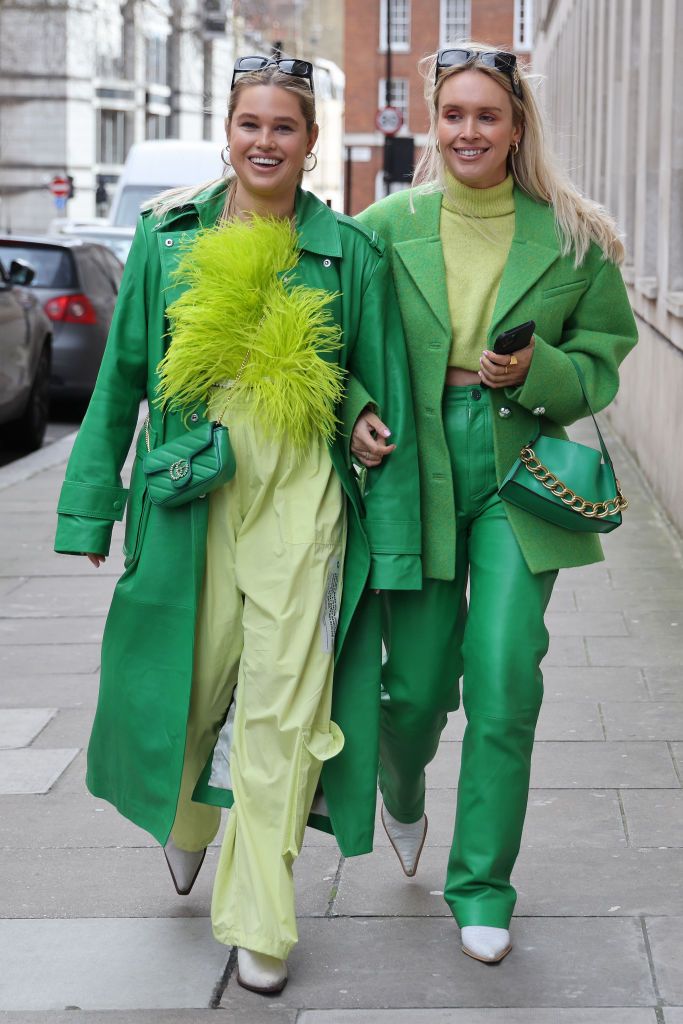 london, england   february 18 guests wearing green coats, green handbags attends poster girl show at 1 harewood avenue during london fashion week february 2022 on february 18, 2022 in london, england photo by neil mockfordgetty images