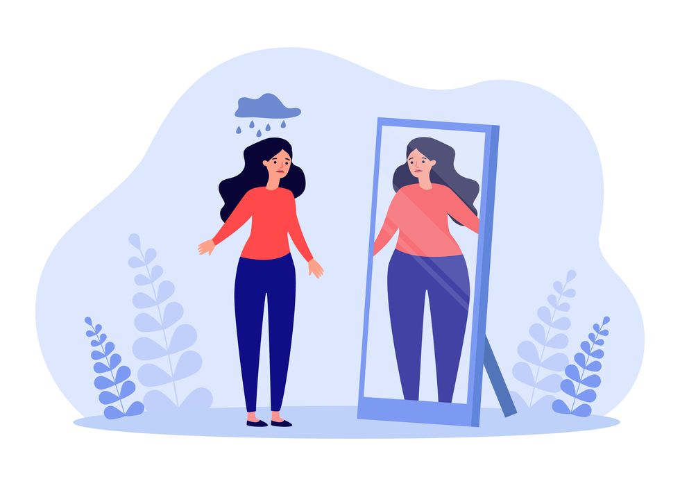 sad slim woman seeing overweight girl in mirror insecure female character fat in reflection flat vector illustration diet, eating disorder, health, beauty concept for banner or landing web page