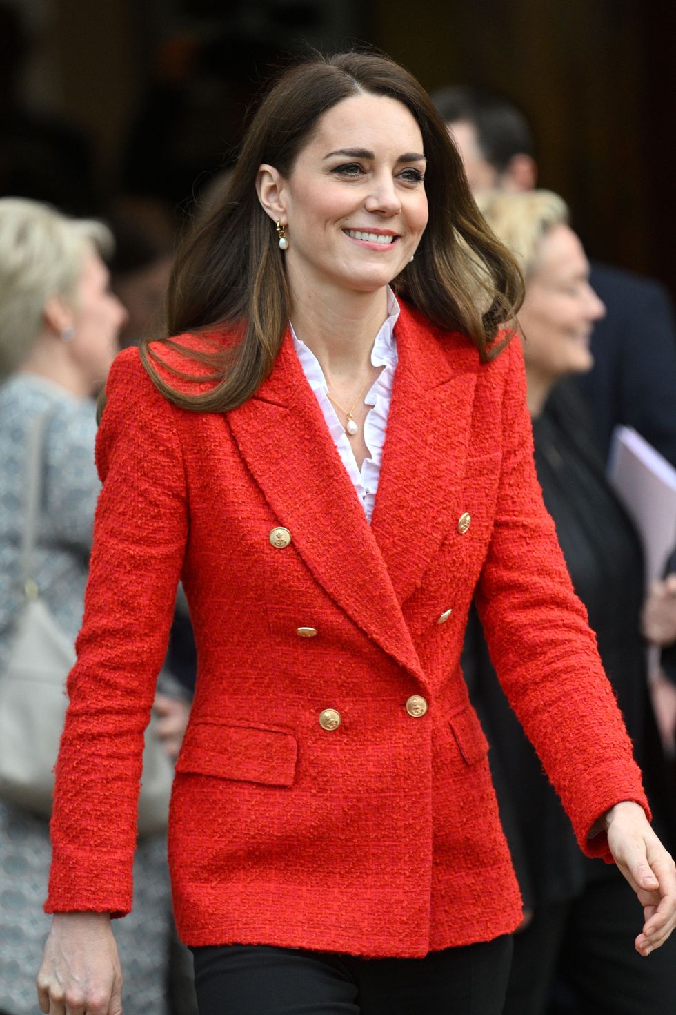 copenhagen, denmark   february 22 catherine, duchess of cambridge departs after a visit of the copenhagen infant mental health project at the university of copenhagen on february 22, 2022 in copenhagen, denmark the duchess of cambridge visits copenhagen between 22nd and 23rd february on a working visit with the royal foundation centre for early childhood  photo by samir husseinwireimage