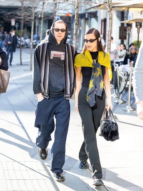 milan, italy   february 23 bella hadid and marc kalman are seen during the milan fashion week fallwinter 20222023 on february 23, 2022 in milan, italy photo by arnold jerockigetty images