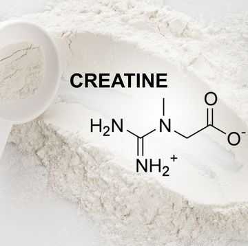 closeup of scoop with creatine monohydrate supplement and chemical formula