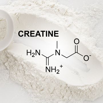 closeup of scoop with creatine monohydrate supplement and chemical formula
