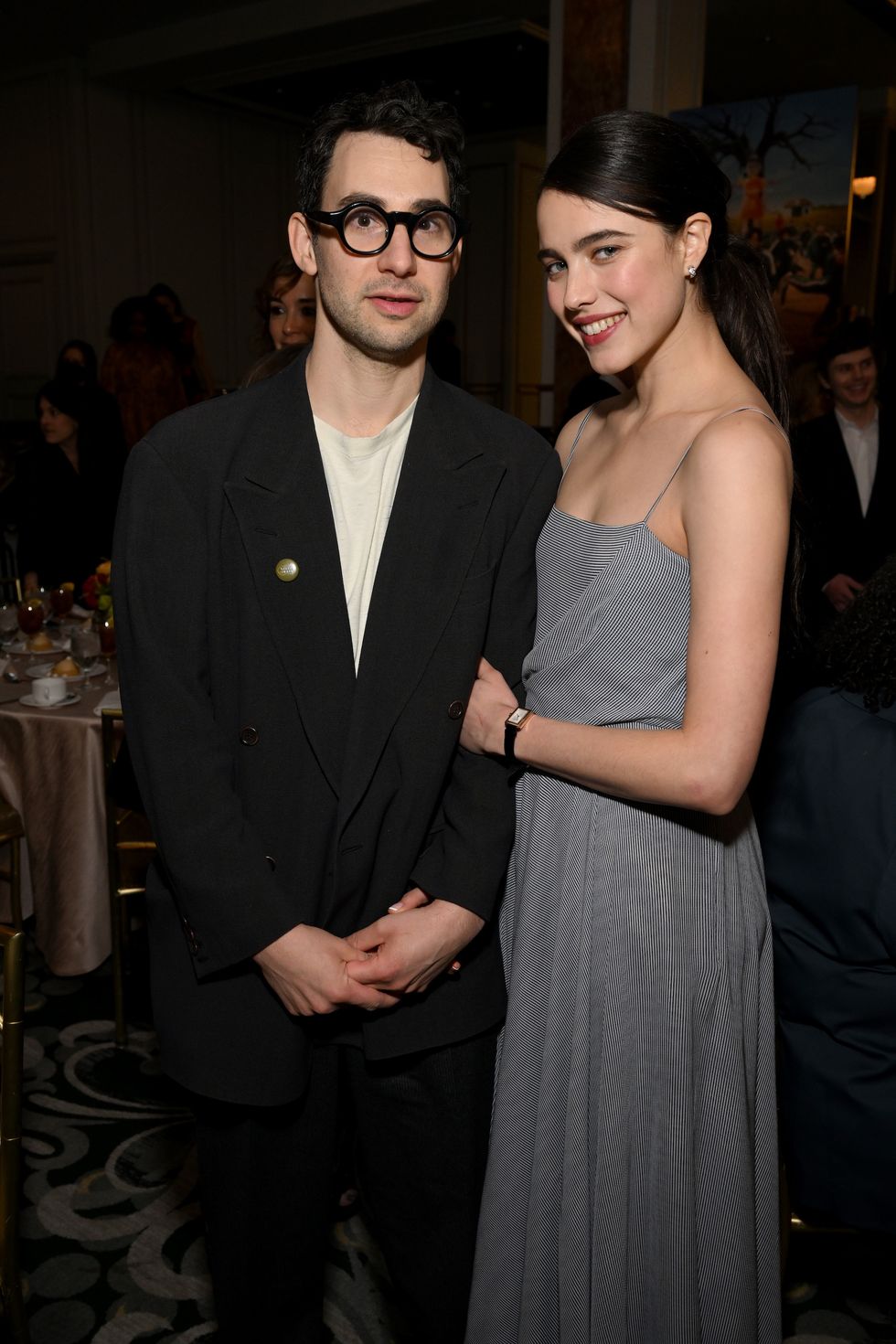 beverly hills, california march 11 l r jack antonoff and margaret qualley attend the afi awards luncheon at beverly wilshire, a four seasons hotel on march 11, 2022 in beverly hills, california photo by michael kovacgetty images for afi
