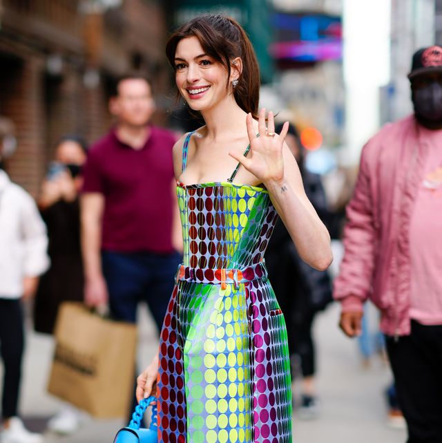 Anne Hathaway Dazzles in a Head-to-Toe Rainbow Polka-Dot Suit