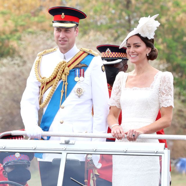 kingston, jamaica   march 24 prince william, duke of cambridge and catherine, duchess of cambridge smile as they attend the inaugural commissioning parade for service personnel from across the caribbean who have recently completed the caribbean military academy’s officer training programme, at the jamaica defence force on day six of the platinum jubilee royal tour of the caribbean on march 24, 2022 in kingston, jamaica the duke and duchess of cambridge are visiting belize, jamaica, and the bahamas on their week long tour photo by chris jacksongetty images