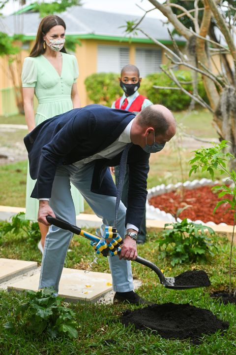 nassau, bahamas   march 25  catherine, duchess of cambridge watches as prince william, duke of cambridge plants a tree during a visit of sybil strachan primary school on march 25, 2022 in nassau, bahamas the duke and duchess of cambridge are visiting belize, jamaica and the bahamas on behalf of her majesty the queen on the occasion of the platinum jubilee the 8 day tour takes place between saturday 19th march and saturday 26th march and is their first joint official overseas tour since the onset of covid 19 in 2020 photo by samir hussein   poolwireimage