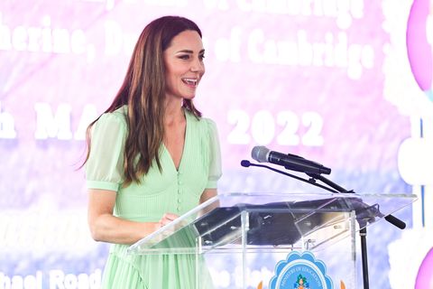 nassau, bahamas   march 25 catherine, duchess of cambridge speaks on stage during a visit of sybil strachan primary school on march 25, 2022 in nassau, bahamas the duke and duchess of cambridge are visiting belize, jamaica and the bahamas on behalf of her majesty the queen on the occasion of the platinum jubilee the 8 day tour takes place between saturday 19th march and saturday 26th march and is their first joint official overseas tour since the onset of covid 19 in 2020 photo by samir hussein   poolwireimage
