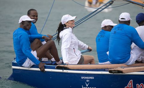 nassau, bahamas   march 25 uk out for 28 days catherine, duchess of cambridge onboard a boat from the bahamas platinum jubilee sailing regatta at montagu bay, one of the first sailing regattas in the bahamas since the start of the pandemic, on day seven of their tour of the caribbean on march 25, 2022 in nassau, bahamas photo by poolsamir husseinwireimage