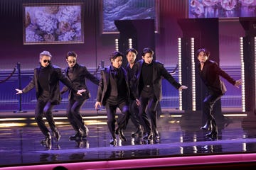 las vegas, nevada   april 03 bts perform onstage during the 64th annual grammy awards at mgm grand garden arena on april 03, 2022 in las vegas, nevada photo by matt winkelmeyergetty images