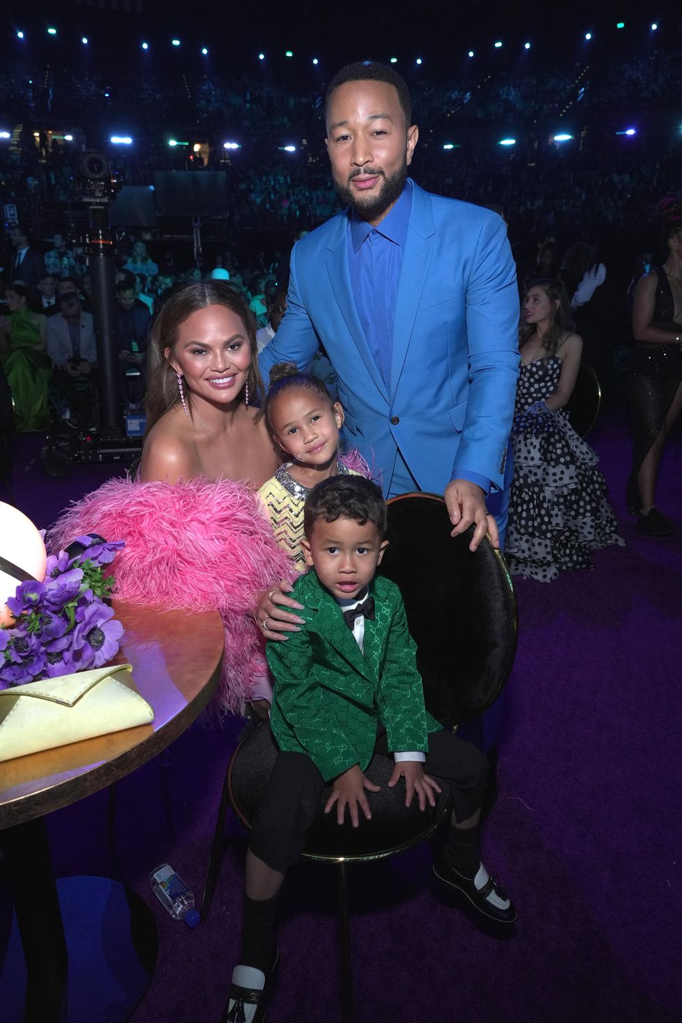 las vegas, nevada   april 03 l r chrissy teigen, luna stephens, miles stephens, and john legend attend the 64th annual grammy awards at mgm grand garden arena on april 03, 2022 in las vegas, nevada photo by kevin mazurgetty images for the recording academy