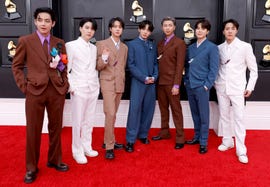 las vegas, nevada   april 03 l r v, suga, jin, jungkook, rm, jimin and j hope of bts attend the 64th annual grammy awards at mgm grand garden arena on april 03, 2022 in las vegas, nevada photo by frazer harrisongetty images for the recording academy