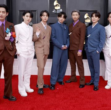 las vegas, nevada   april 03 l r v, suga, jin, jungkook, rm, jimin and j hope of bts attend the 64th annual grammy awards at mgm grand garden arena on april 03, 2022 in las vegas, nevada photo by frazer harrisongetty images for the recording academy