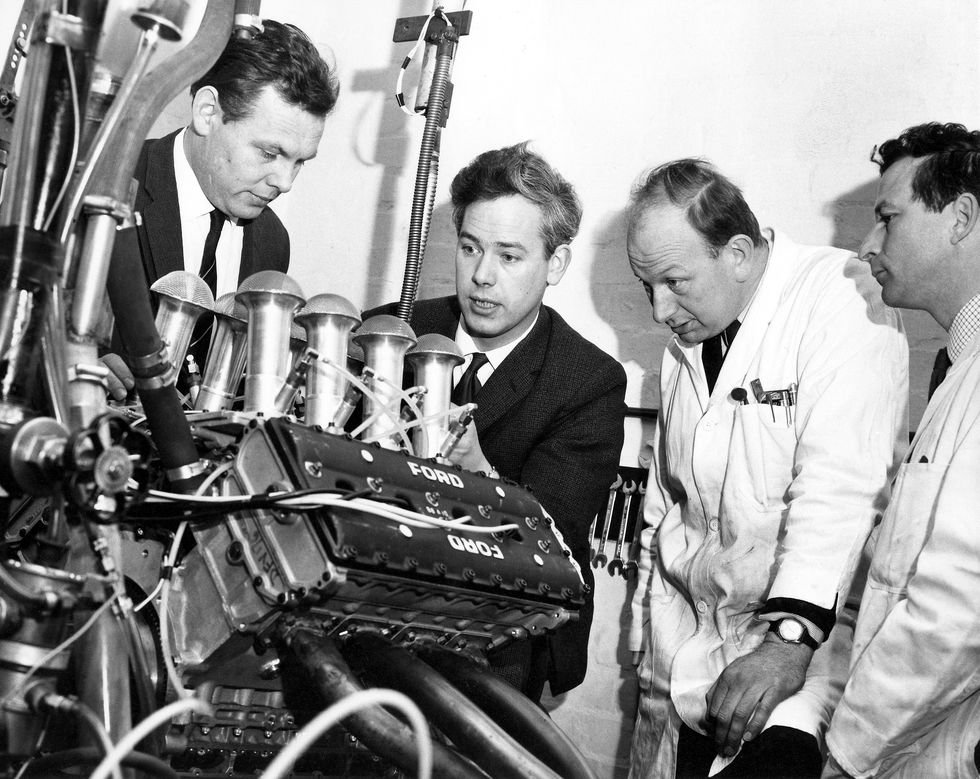 left to right the design and development team of the ford cosworth v8 engine in 1967 bill brown, keith duckworth, mike costin and ben rood on 20th february 1970 at cosworth engineering in northampton, united kingdom photo by grand prix photogetty images