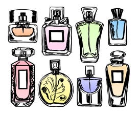 set of color perfume bottles sketch style vector illustration