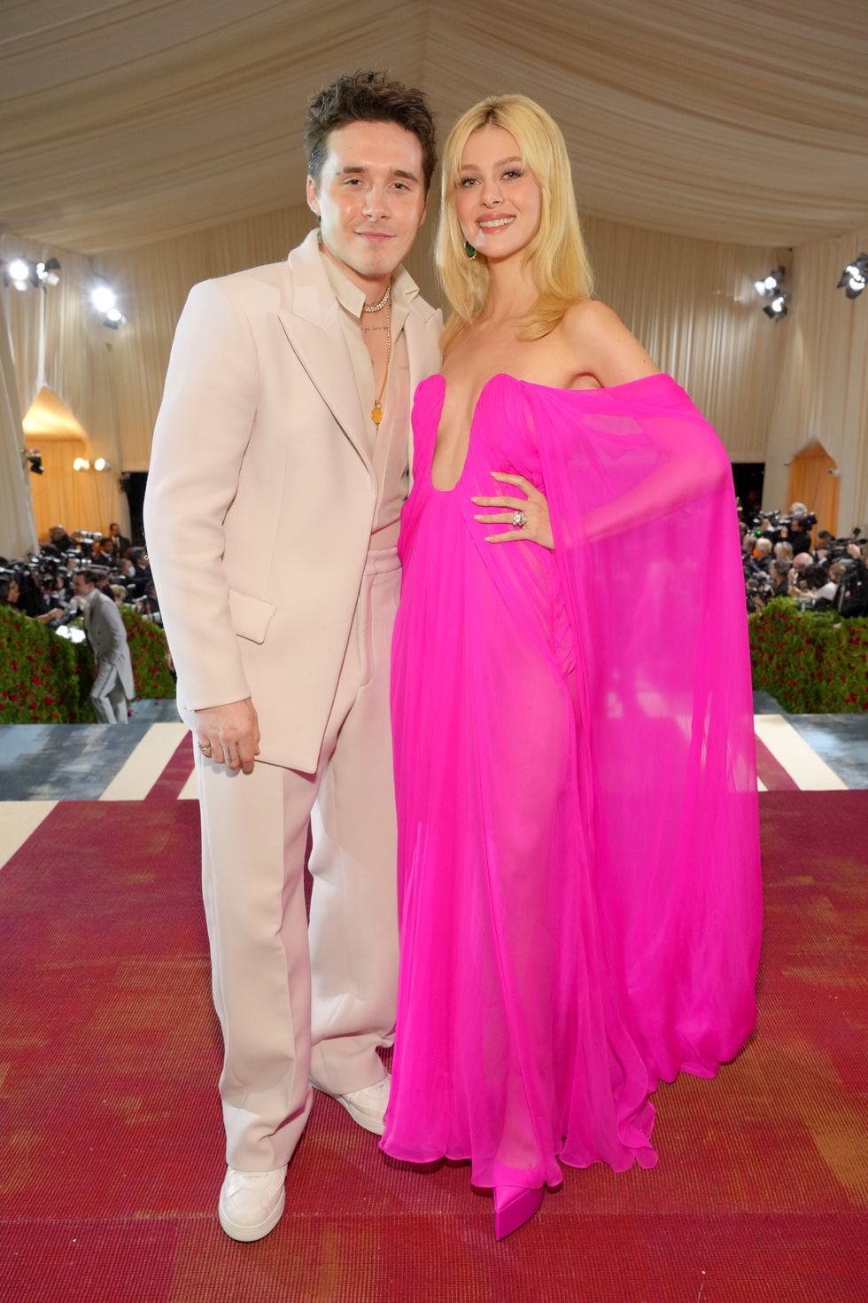 new york, new york   may 02 exclusive coverage brooklyn beckham and nicola peltz beckham arrive at the 2022 met gala celebrating in america an anthology of fashion at the metropolitan museum of art on may 02, 2022 in new york city photo by kevin mazurmg22getty images for the met museumvogue