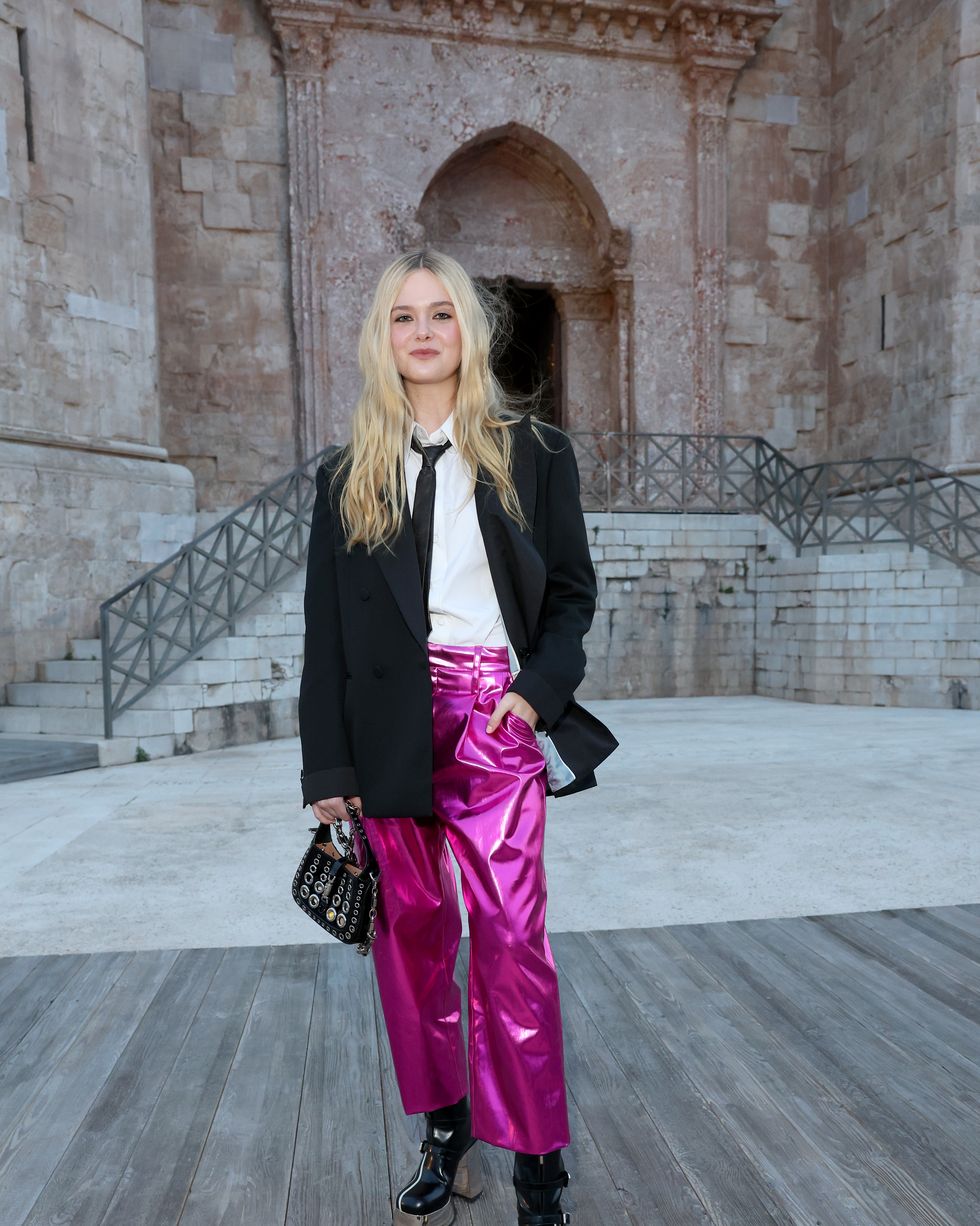 castel del monte, italy may 16 elle fanning is seen at gucci cosmogonie castel del monte front row on may 16, 2022 in andria, italy photo by daniele venturelligetty images for gucci