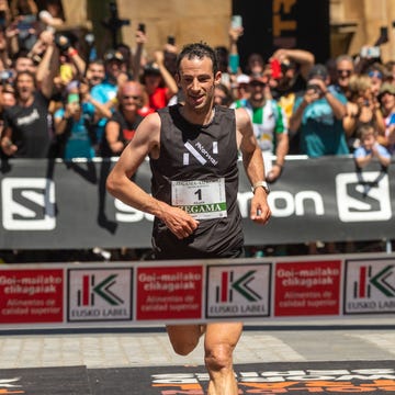 zegama, spain may 29 winner kilian jornet crosses the finish lineduring the 21st zegama aizkorri mendi maratoia on may 29, 2022 in zegama, spain photo by gari garaialdegetty images