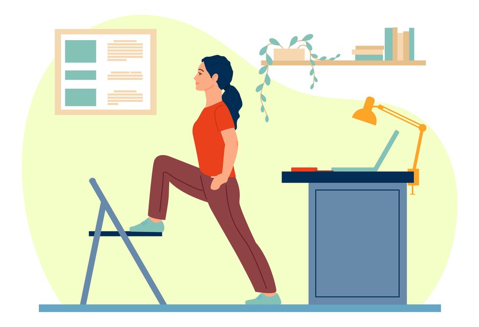 workplace workout people physical training in office work break woman doing sport exercise employee standing in fitness stretching position healthy active lifestyle vector worker practicing yoga