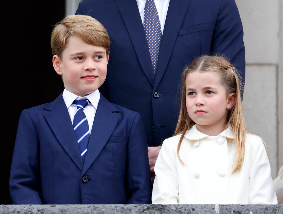 london, united kingdom june 05: (embargoed for publication in uk newspapers until 24 hours after create date and time) prince george of cambridge and princess charlotte of cambridge stand on the balcony of buckingham palace following the platinum pageant on june 5, 2022 in london, england. the platinum jubilee of elizabeth ii is being celebrated from june 2 to june 5, 2022, in the uk and commonwealth to mark the 70th anniversary of the accession of queen elizabeth ii on 6 february 1952. (photo by max mumby/indigo/getty images)