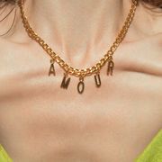 french language word amour for love sexy conceptual image for online dating, romance, sex, and desire young woman's neck closeup with prominent collarbone, clavicle, wearing a fashionable necklace from france