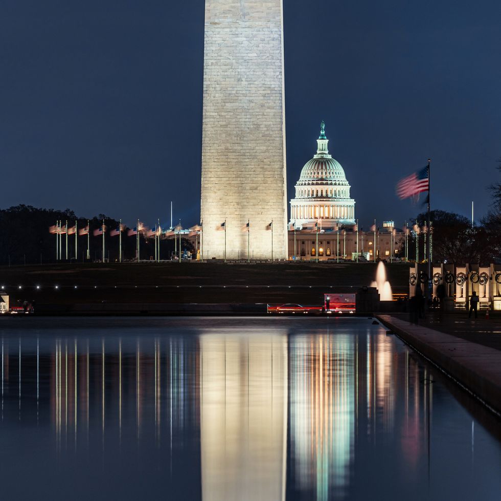 the us capitol building with washington monument with us flag in washington, dc united states of america or usa,