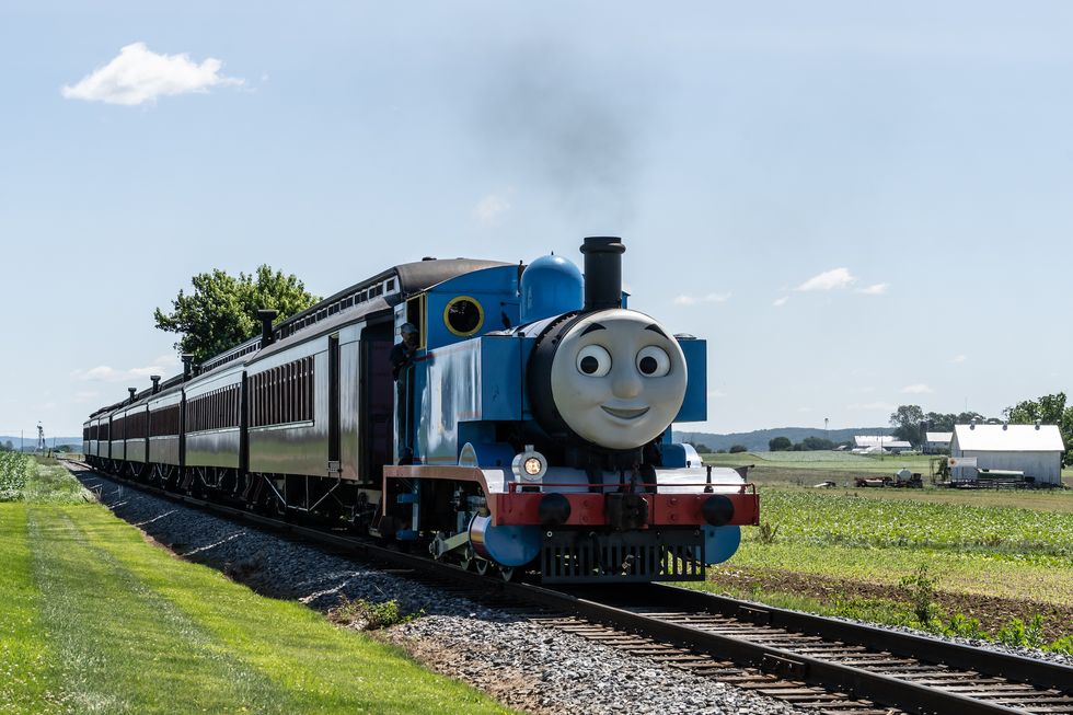 ronks, pennsylvania, june 19, 2022 thomas the tank engine chugs down the track heading for the strasburg train station in lancaster county, pa