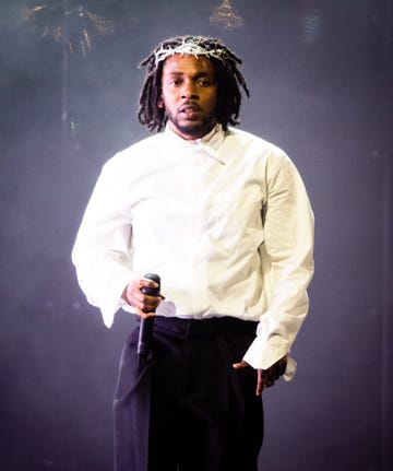 glastonbury, england june 26 kendrick lamar performs as he headlines the pyramid stage during day five of glastonbury festival at worthy farm, pilton on june 26, 2022 in glastonbury, england photo by samir husseinwireimage