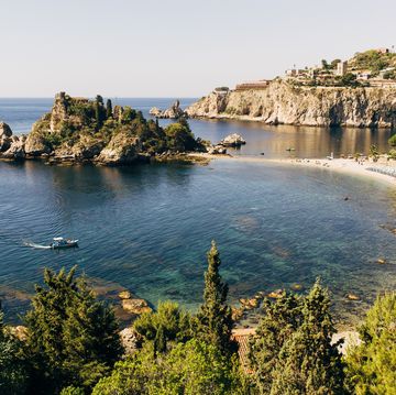 italy, sicily, taormina, elevated view over isola bella
