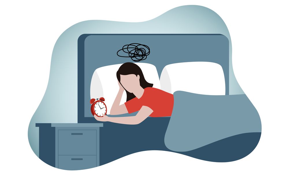 sleepless woman lying in bed and looking at alarm clock isolated flat vector illustration cartoon female person with sleep disorder insomnia and sadness concept
