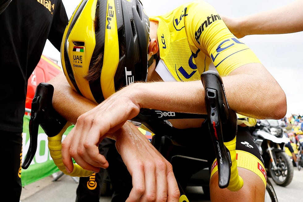 serre chevalier, france july 13: tadej pogacar of slovenia and uae team emirates yellow leader jersey reacts after the 109th tour de france 2022, stage 11 a 151,7km stage from albertville to col de granon serre chevalier 2404m / #tdf2022 / #worldtour / on july 13, 2022 in col de granon serre chevalier, france. (photo by christian hartman pool/getty images)