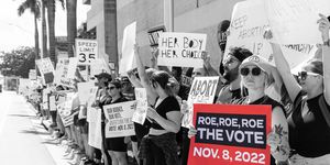 abortion rights protestors holding signs with the most prominent sign reading roe, roe, roe the vote nov 8, 2022
