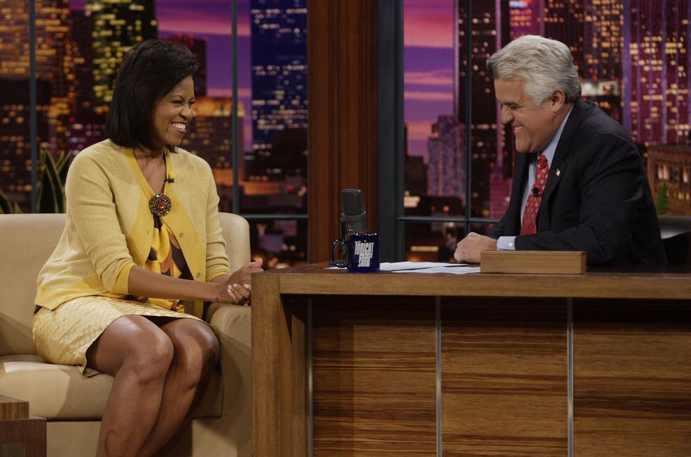 the tonight show with jay leno    michelle obama    air date 10272008    episode 3644    pictured l r michelle obama during an interview with host jay leno on october 27, 2008    photo by paul drinkwaternbcu photo bank