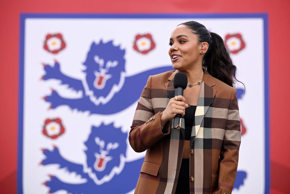 london, england august 01 alex scott, presenter speaks during the england womens team celebration at trafalgar square on august 01, 2022 in london, england the england womens football team beat germany 2 1 in the final of the uefa european womens championship last night at wembley stadium photo by leon nealgetty images