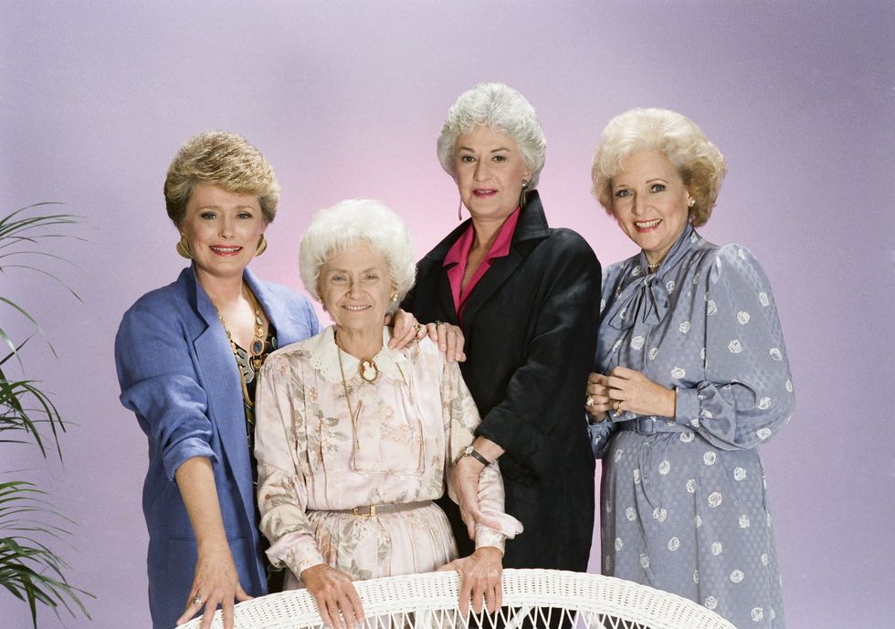the golden girls    season 2    pictured l r rue mcclanahan as blanche devereux, estelle getty as sophia petrillo, bea arthur as dorothy petrillo zbornak, betty white as rose nylund   photo by gary nullnbcu photo bank
