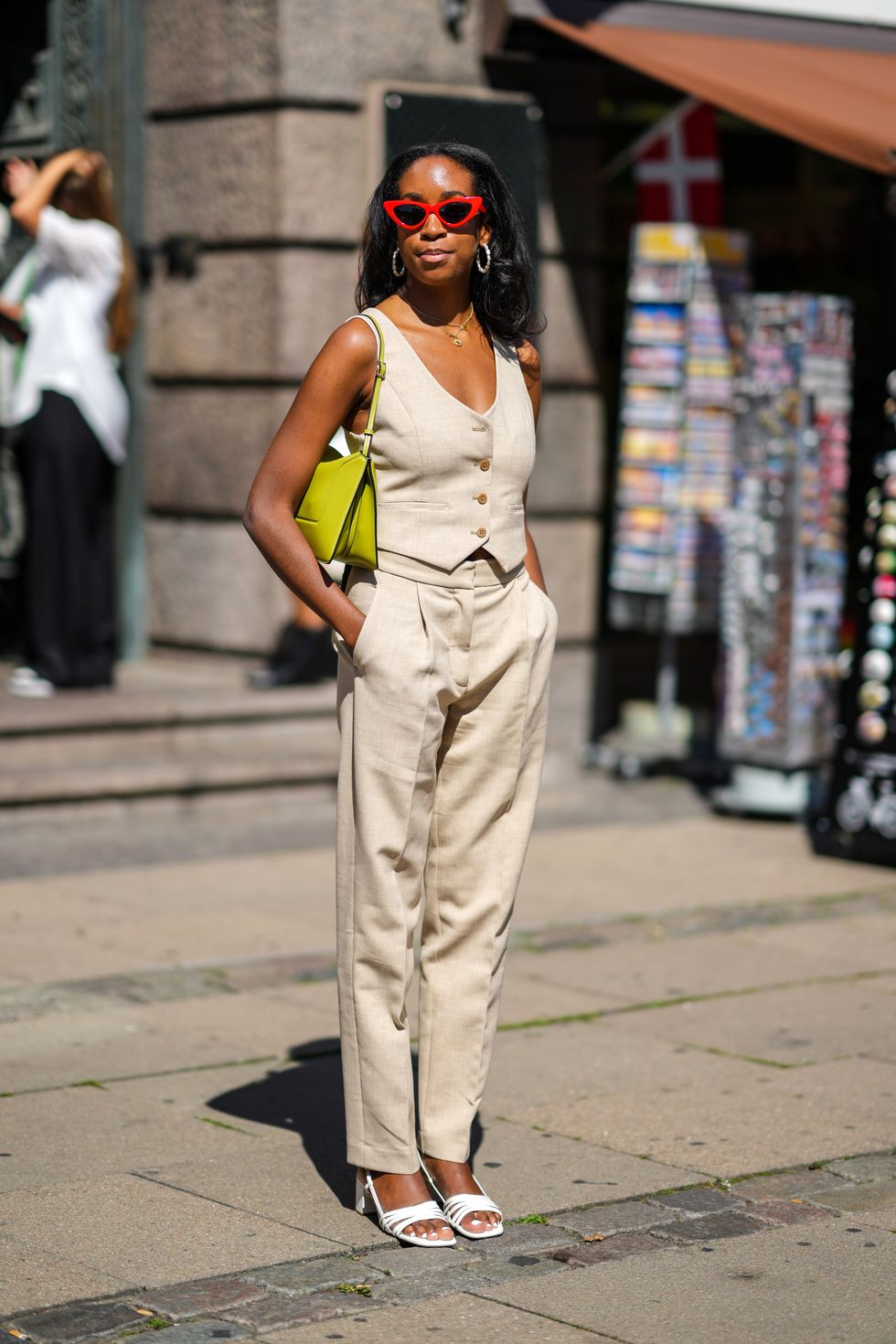 Summer Work Outfit Idea: A Silk Pajama Top, White Trousers, and