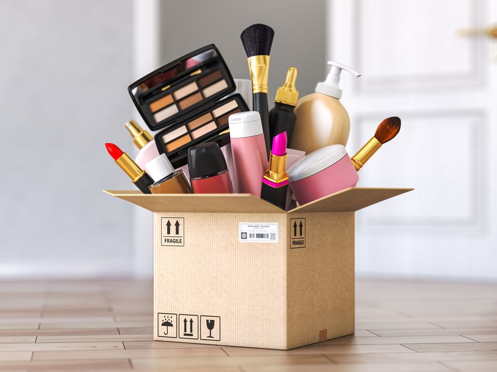 cardboard box with cosmetics product in front od open door buying online and delivery cosmetics concept 3d illustration