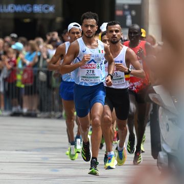 munich, germany august 15 iliass aouani of italy compete in the mens marathon final during the athletics race walk competition on day 5 of the european championships munich 2022 koenigsplatz on august 15, 2022 in munich, germany photo by sebastian widmanngetty images