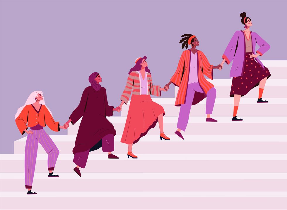 women entrepreneurs, leadership and sisterhood black and arab female women empowerment, strong business multiethnic group of girls climb stairs girls power and feminism concept, vector illustration