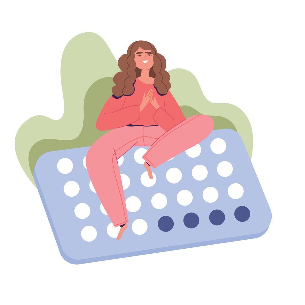 happy young woman sits on a pack of hormonal contraceptives birth control pills the concept of mental and reproductive health of a woman cartoon vector illustration isolated on white background