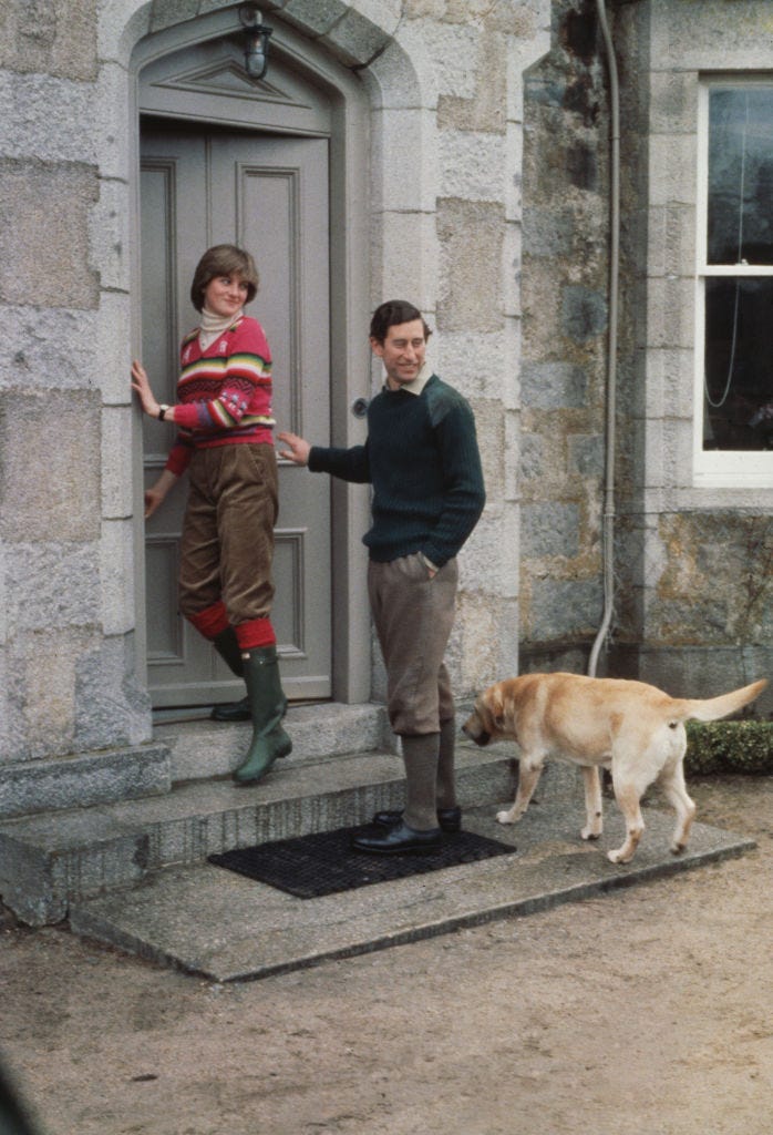 british royals lady diana spencer 1961 1997, wearing a horizontally striped sweater with her trousers tucked into her wellington boots, with her fiance, charles, prince of wales, with the princes labrador harvey, during a holiday on the balmoral estate in aberdeenshire, scotland, 5th may 1981 photo by central presshulton archivegetty images