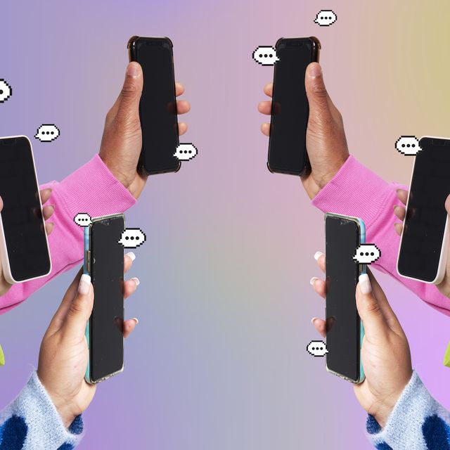 hands holding smartphones with speech bubbles