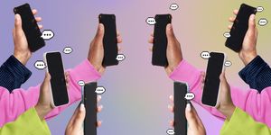 hands holding smartphones with speech bubbles