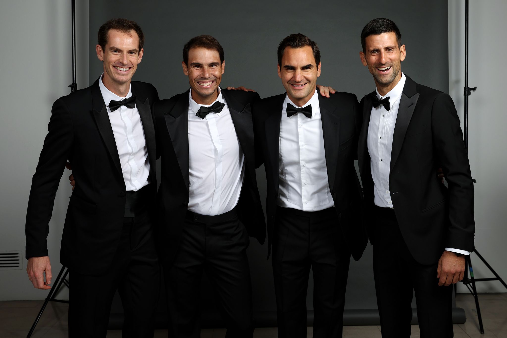 london, england september 22 l r andy murray, rafael nadal, roger federer and novak djokovic of team europe pose for a photograph during a gala dinner at somerset house ahead of the laver cup at the o2 arena on september 22, 2022 in london, england photo by clive brunskillgetty images for laver cup