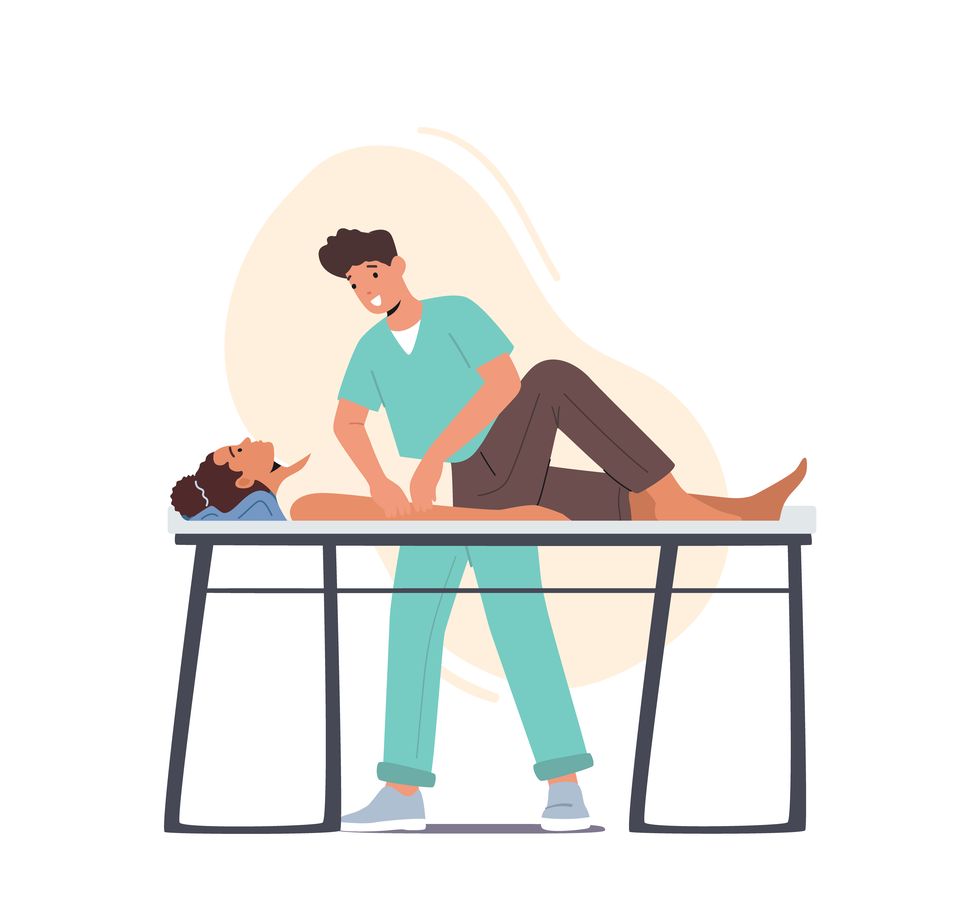 rehab therapy, physiotherapy treatment concept patient at rehabilitation massage at chiropractors masseur physiotherapist osteopath treating woman arms character cartoon people vector illustration