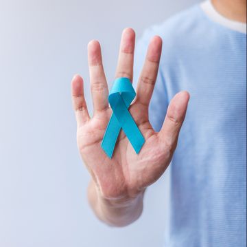 blue november prostate cancer awareness month, man in blue shirt with blue ribbon for support people life and illness healthcare, international men, father, diabetes and world cancer day