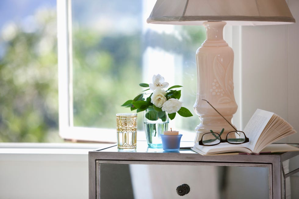 White, Room, Furniture, Interior design, Lighting, Table, Lamp, Lampshade, Home, Desk, 