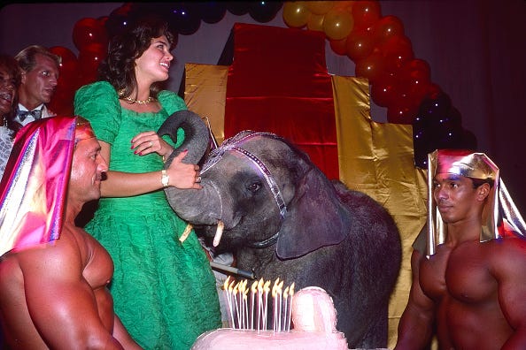 vintage birthday photos american actor and model brooke shields poses with a baby elephant as she celebrates her 21st birthday at the palladium nightclub, new york, new york, may 31, 1986. the shirtless men on either side of her are unidentified. earlier she had eaten dinner at the nishi restaurant. (photo by sonia moskowitz/getty images)